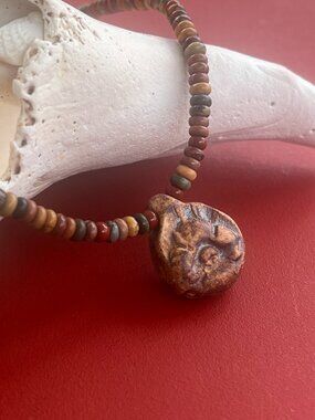 Red Creek Jasper Necklace | Vintage Ceramic Flower Pendant | Boho Beaded